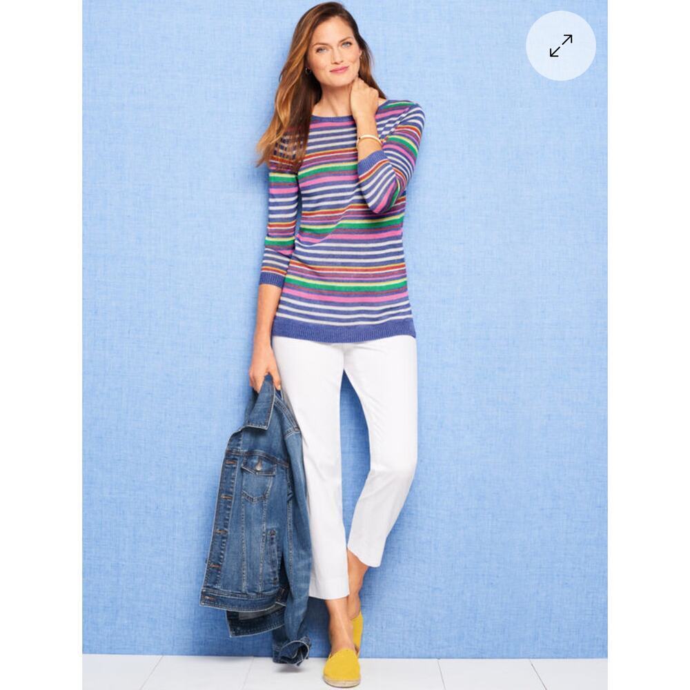 Talbots Petunia Stripe Linen Crewneck Sweater Lightweight 3/4 Sleeve Top *Small*